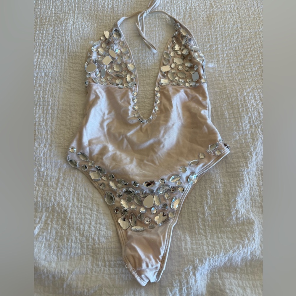 Miami Swim Cream Halter One-Piece with Silver Gem Embellishments